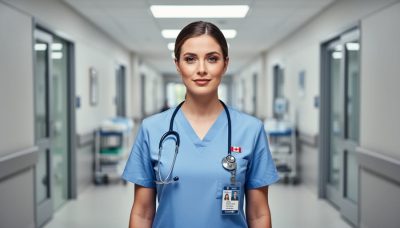 “A Canadian nurse in scrubs with a stethoscope standing in a hospital hallway, representing scope of practice changes in 2026.”
