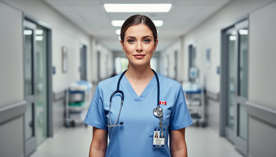 “A Canadian nurse in scrubs with a stethoscope standing in a hospital hallway, representing scope of practice changes in 2026.”