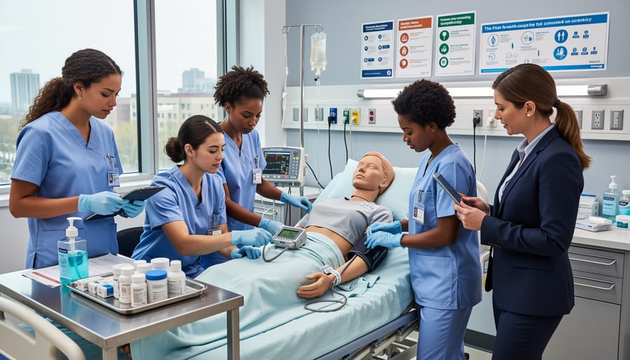 Nursing students practicing clinical skills and hand hygiene in a classroom