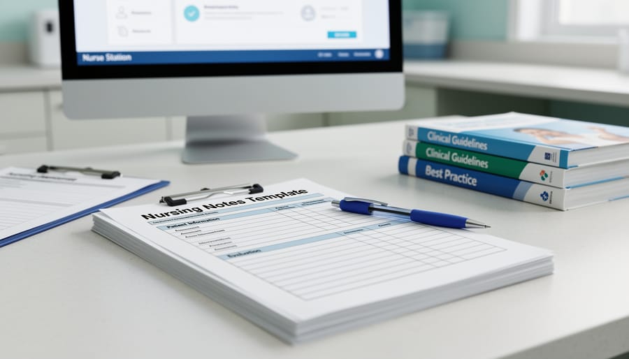 Printed forms and templates laid out on a desk near a computer workstation.
