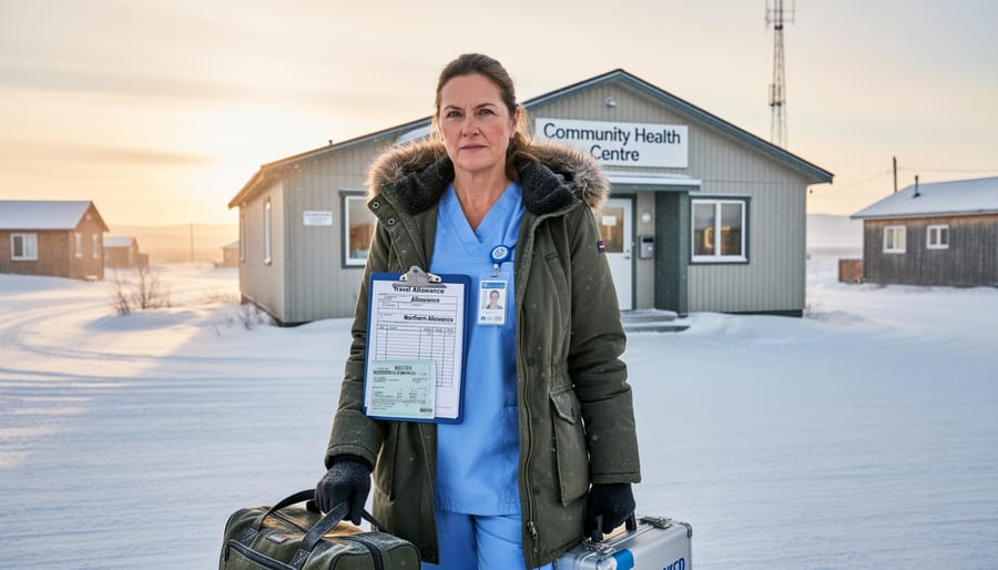 Registered nurse preparing near a remote northern clinic building in snowy conditions