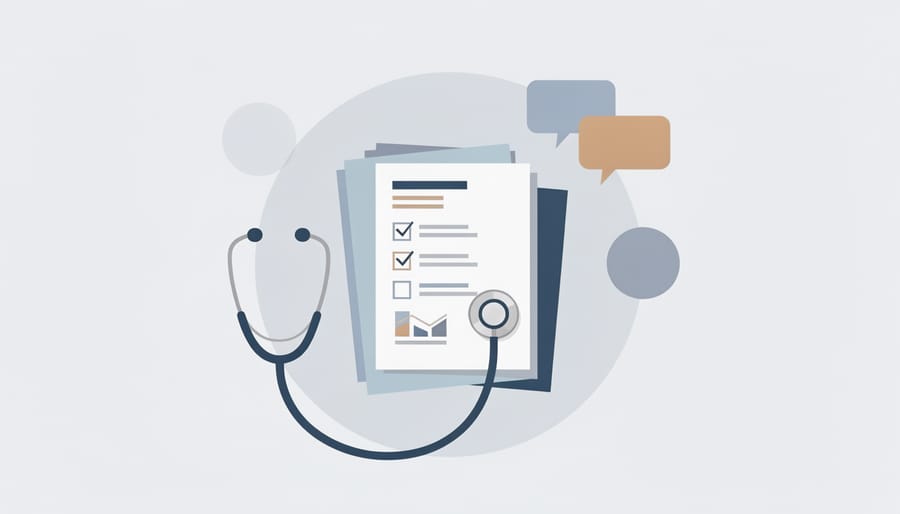 A stethoscope resting on a clipboard on a desk in a clean, softly lit healthcare office setting.