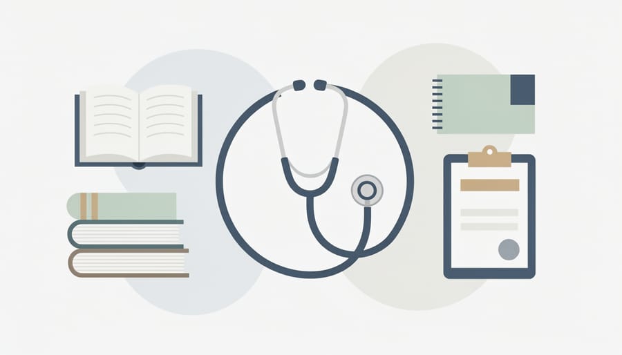 Stethoscope on a table next to professional learning materials and a notebook