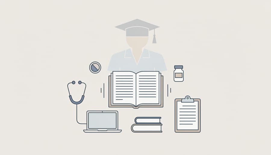 Stethoscope and nursing textbooks placed on a desk next to a folder