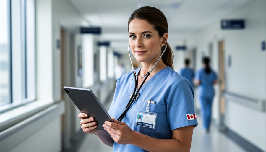 A nurse practitioner in Canadian hospital scrubs holding a stethoscope and clinical tablet stands in a bright corridor with blurred healthcare activity in the background.