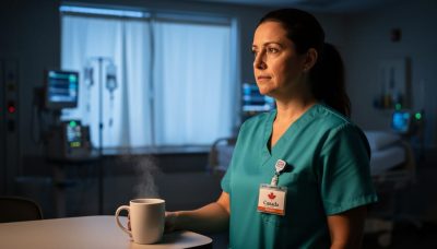 “A Canadian nurse in hospital scrubs in a late-night break room, with cool blue lighting and a softly blurred medical corridor behind.”