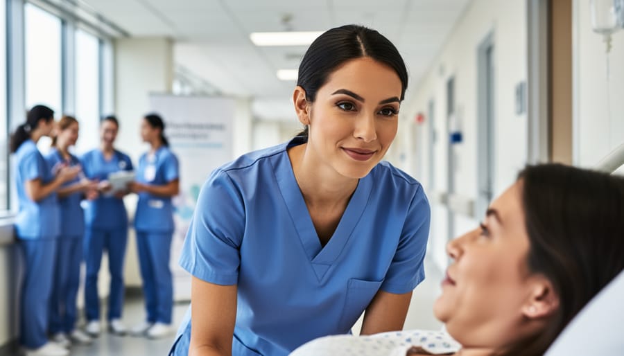 A Canadian nurse in a hospital setting caring for a patient, with colleagues and hospital environments softly visible in the background to suggest teamwork and professional connection.