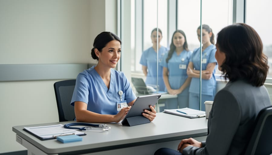 Advanced practice nurse reviewing care at a clinic desk with a tablet and stethoscope