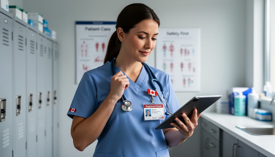 Nurse in Canadian healthcare scrubs holding a stethoscope and clipboard in a hospital corridor