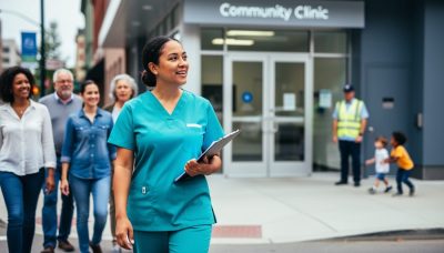 A Canadian nurse in teal scrubs walks with community members outside a clinic, conveying collaborative healthcare and community wellness.