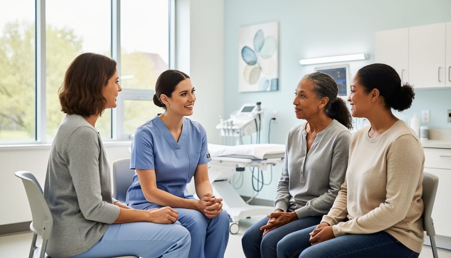 Two Canadian nurses in scrubs speaking with a patient in a community clinic hallway