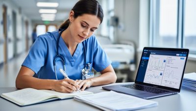 A Canadian nurse in scrubs reviewing continuing education notes at a desk in a hospital, with blurred clinical spaces in the background.