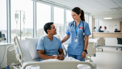 Nursing student assisting a patient in a bright hospital ward, representing hands-on clinical training in Canadian nursing programs.