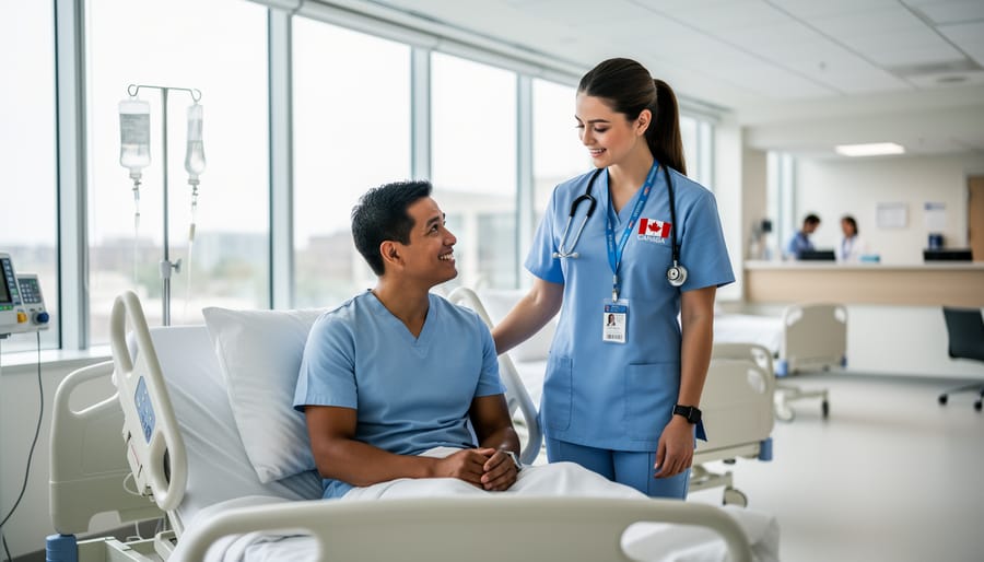 Nursing student assisting a patient in a bright hospital ward, representing hands-on clinical training in Canadian nursing programs.