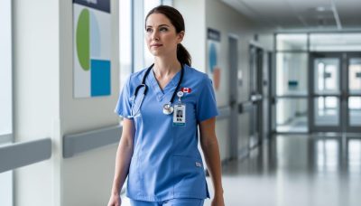 “A registered nurse in blue scrubs walking through a modern hospital corridor in Canada, shown in a professional career-focused scene.”