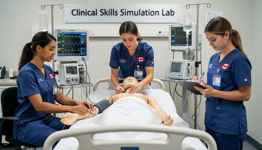 Nursing students practicing in a Canadian simulation lab with a patient manikin and clinical training equipment.