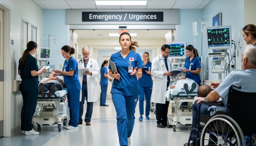 Nurse in PPE standing in an emergency department corridor holding a medical bag
