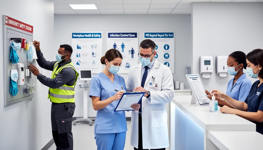 Diverse healthcare team in PPE standing together in a hospital hallway