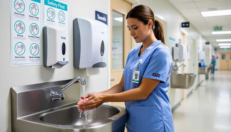 Close-up of a hospital hand hygiene sink with water running