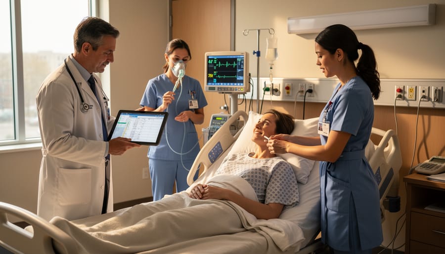 Nurse, physician, and social worker collaborating at a patient bedside in a hospital room