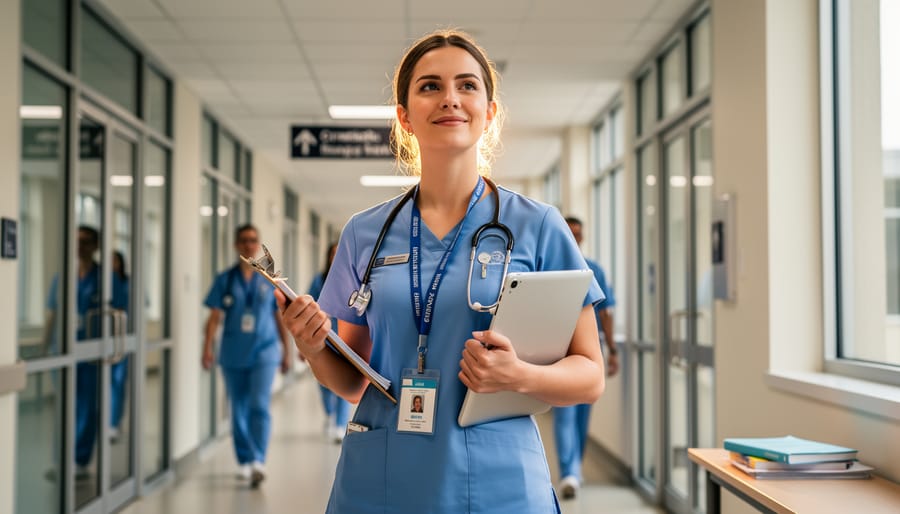 Nurse standing in a clinic hallway near a window holding a stethoscope and tablet with abstract reflections.