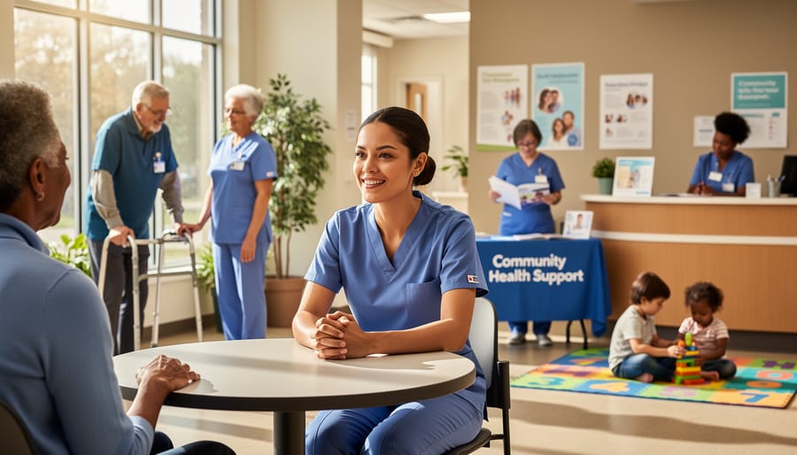 Nurse standing with caregiver and community members outdoors near a community healthcare setting.