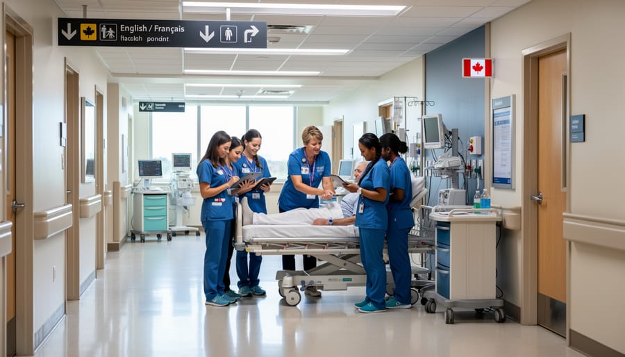 A nurse in hospital scrubs walking through a Canadian hospital corridor with a clipboard.