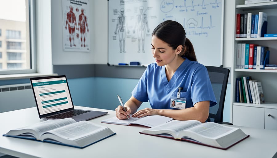 Canadian nurse in a hospital learning room reviewing professional materials at a desk with a laptop and stethoscope.