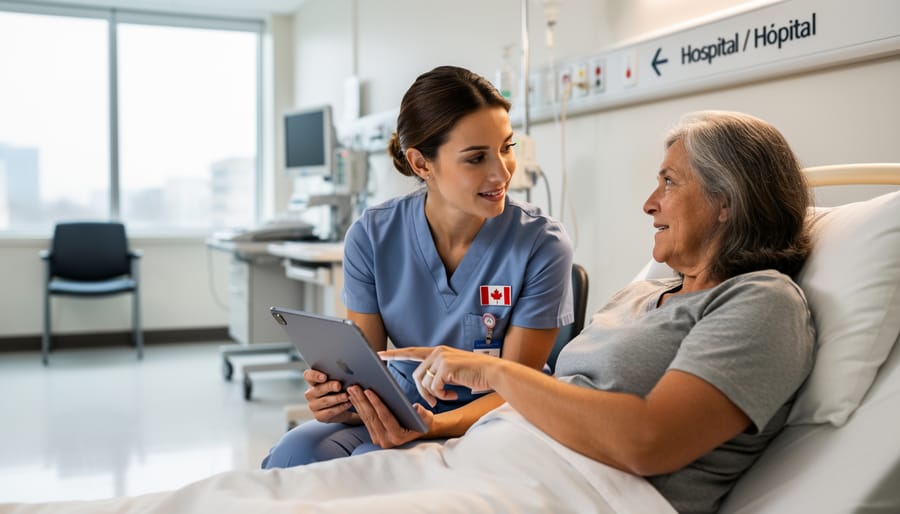 Canadian nurse speaking with a patient in a hospital room while reviewing care information.