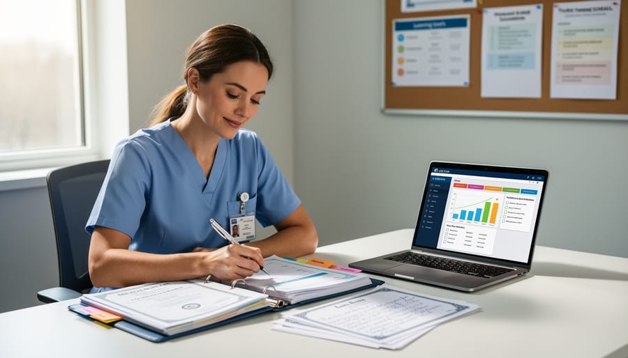 Nurse’s hands placing blank documentation cards into a binder portfolio at a table.