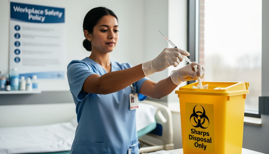 Nurse wearing PPE correctly closing and using a sharps container at a hospital nursing station
