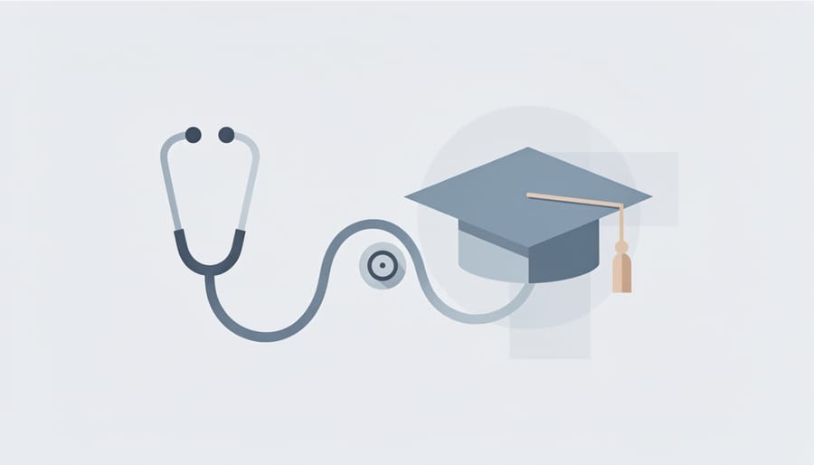 Stethoscope resting on a graduation cap with a nursing textbook nearby, symbolizing completing nursing education.