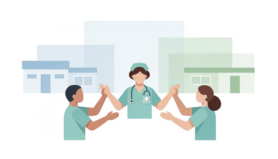 Nursing team gathered together as a supportive community, suggesting peer mentorship