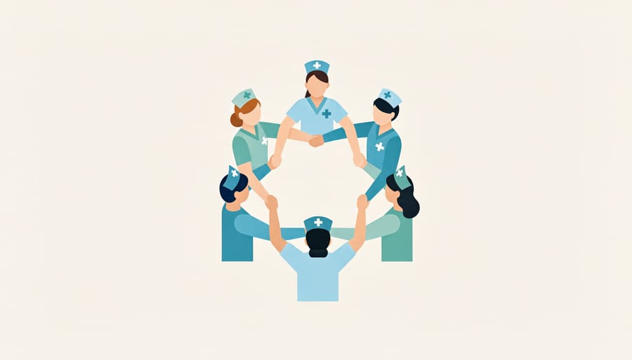 Group of nurses in a hospital corridor collaborating together in a supportive circle.