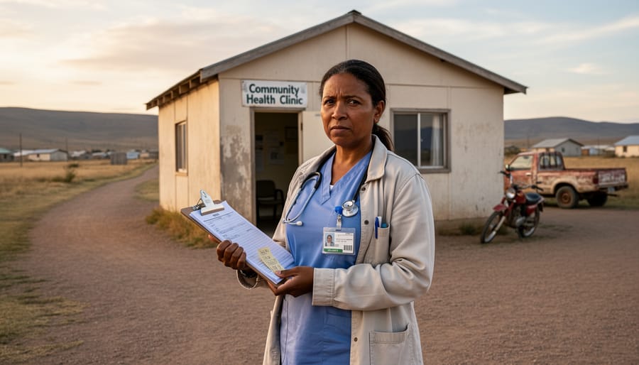 Nurse standing outside a remote community clinic during golden hour light
