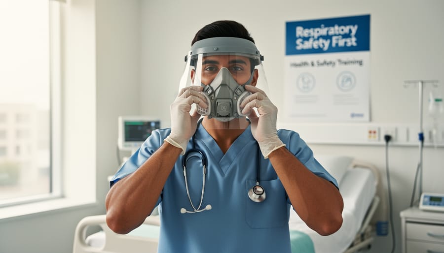 Healthcare worker adjusting a respirator before providing care in an exam room