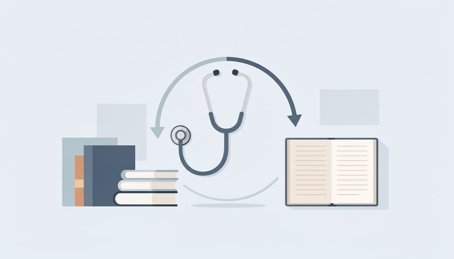 Stethoscope resting on medical learning materials and envelopes with certificates (no readable text).