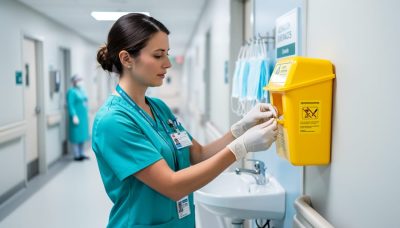 A registered nurse in teal scrubs wearing gloves prepares to dispose of sharps safely in a hospital setting, with PPE and safety supplies in the background.