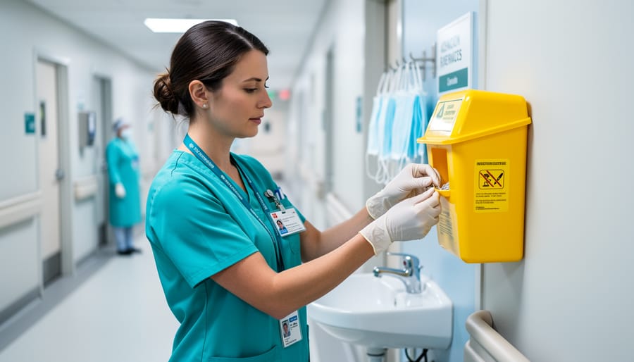 A registered nurse in teal scrubs wearing gloves prepares to dispose of sharps safely in a hospital setting, with PPE and safety supplies in the background.