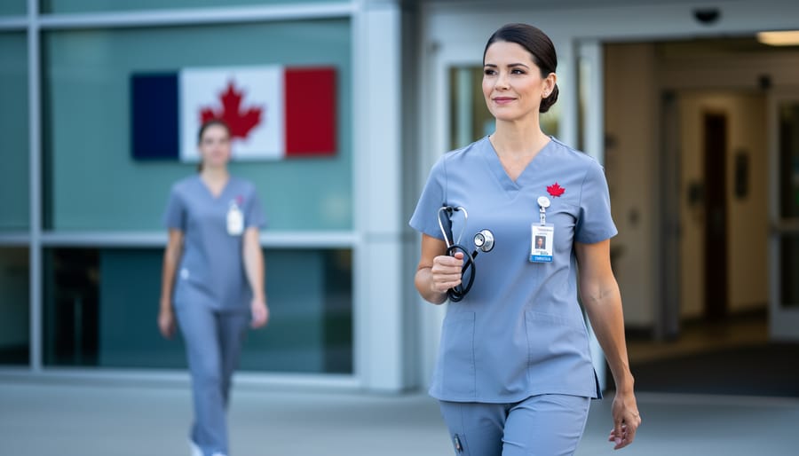 A Canadian nurse in scrubs holding a stethoscope near a US hospital entrance, representing cross-border nursing education and credential recognition.