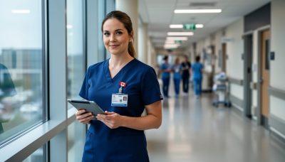 A registered nurse in navy scrubs holding a tablet in a modern hospital corridor with softly blurred staff activity in the background.
