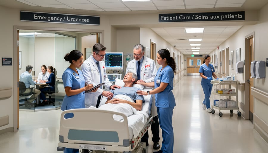 Two nurses in hospital scrubs working together at a patient bedside with medical equipment nearby