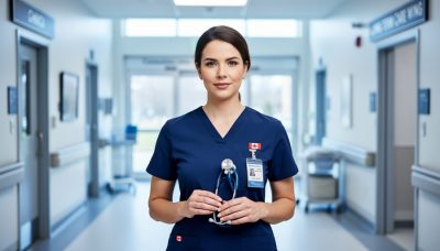 Canadian nurse in navy scrubs holding a stethoscope in a bright hospital corridor, with softly blurred healthcare setting details in the background.