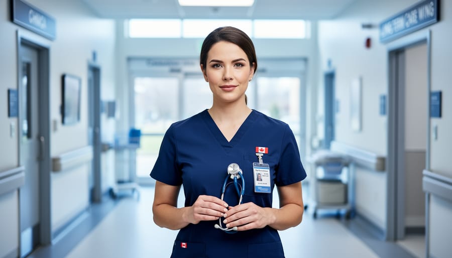 Canadian nurse in navy scrubs holding a stethoscope in a bright hospital corridor, with softly blurred healthcare setting details in the background.