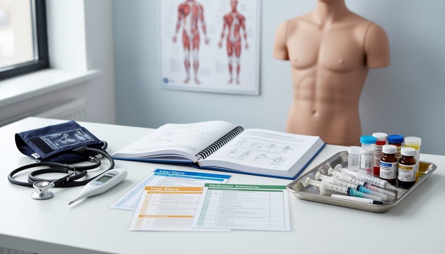Close-up of nursing supplies and clinician hands preparing equipment