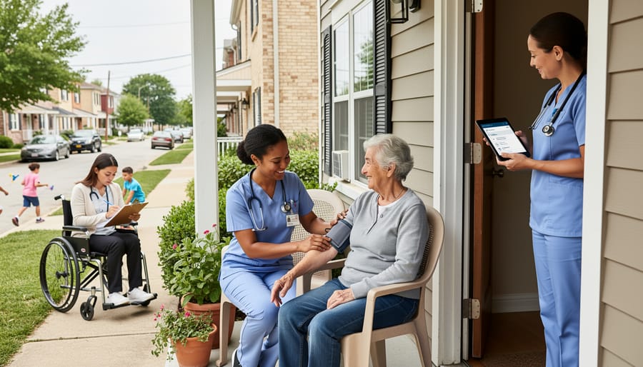 Community health nurse conversing during a home visit in a warmly lit living room