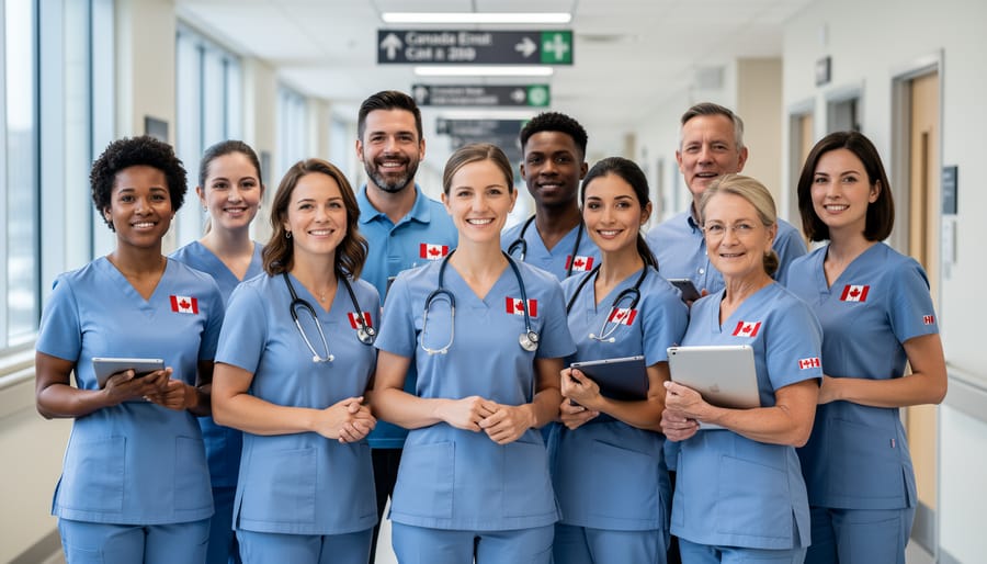Diverse group of nurses standing together in a modern hospital hallway