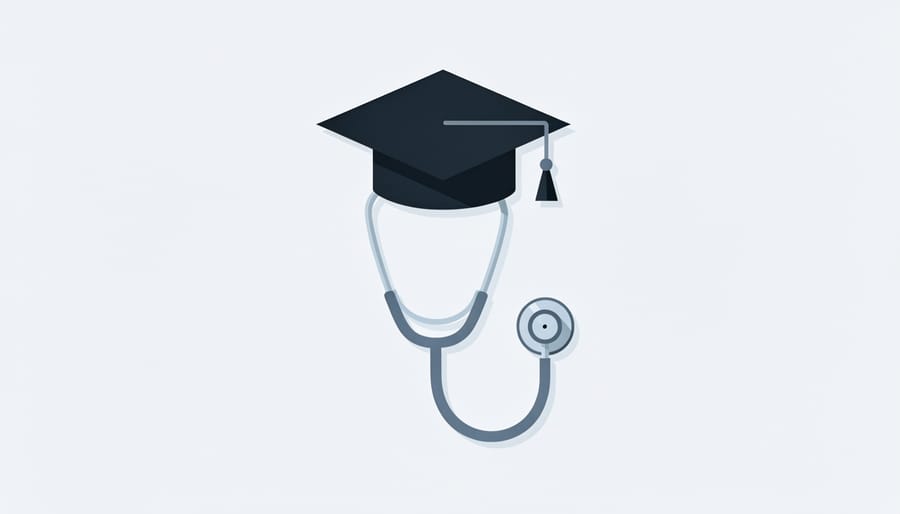 Graduation cap placed on a stethoscope on a table