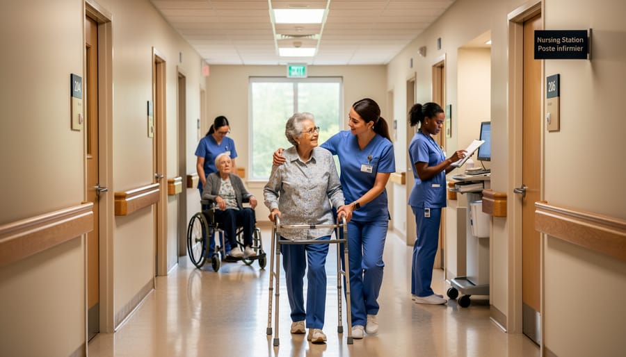 Nurse assisting a resident in a wheelchair in a long-term care facility hallway