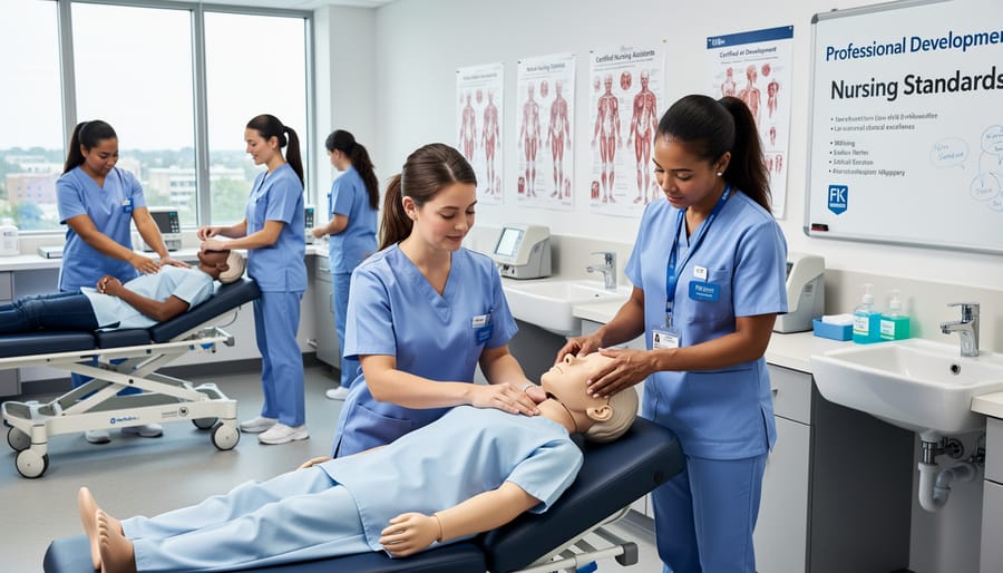 Nurse holding a stethoscope and clinical reference booklet near a laptop in a healthcare setting